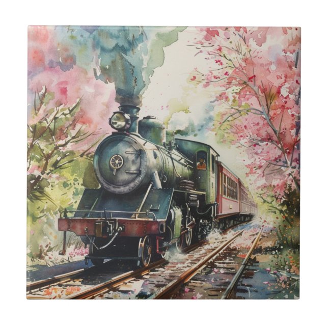 A Train in Springtime Ceramic Tile (Front)