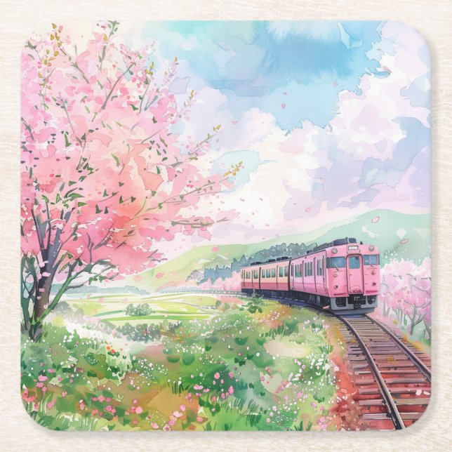 A Train in Springtime Square Paper Coaster (Front)