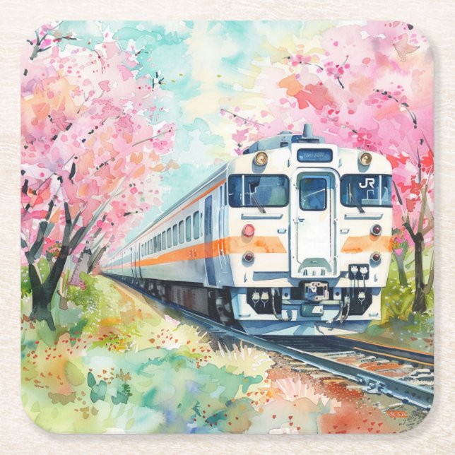 A Train in Springtime Square Paper Coaster (Front)