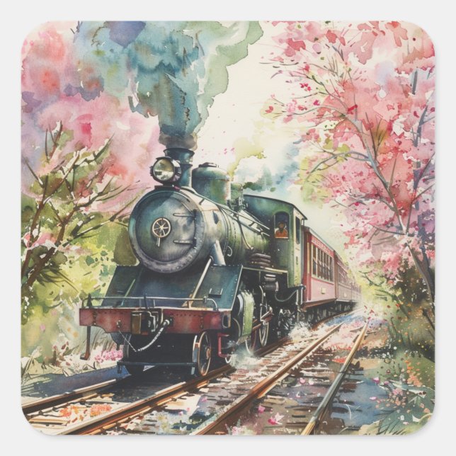 A Train in Springtime Square Sticker (Front)