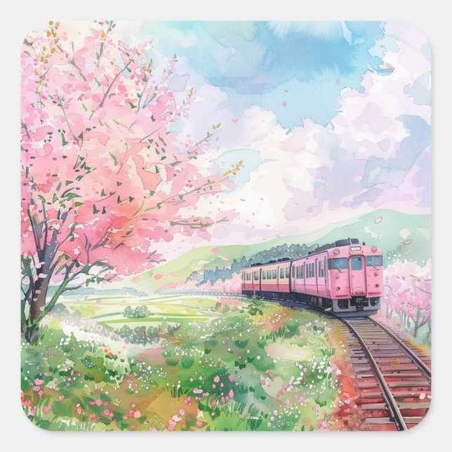 A Train in Springtime Square Sticker (Front)
