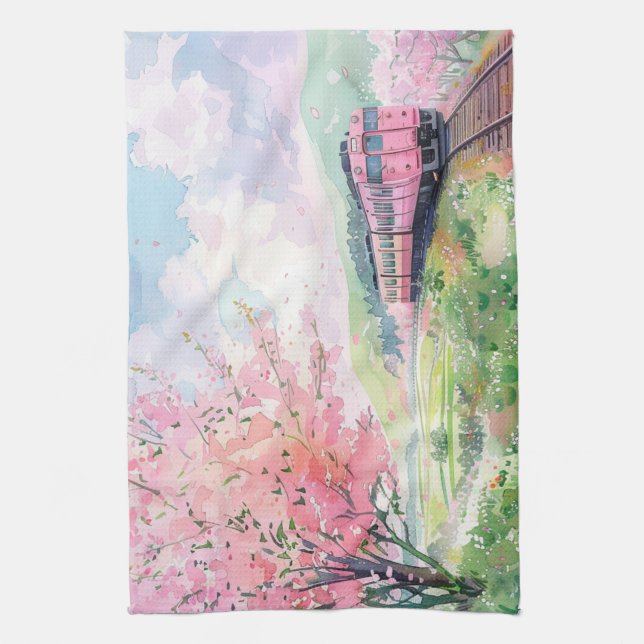 A Train in Springtime Tea Towel (Vertical)