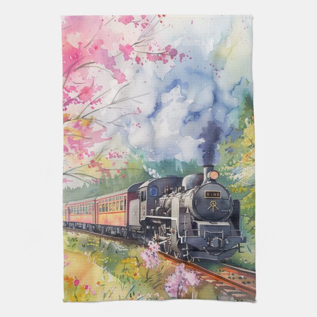 A Train in Springtime Tea Towel (Vertical)