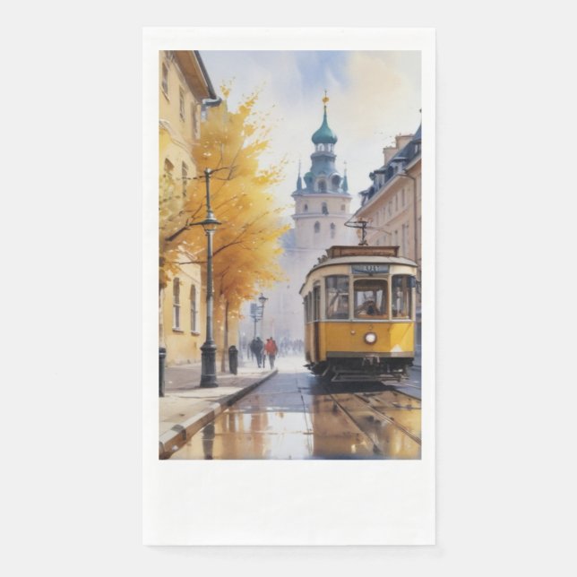 A tram rides along an autumn street napkin (Front)