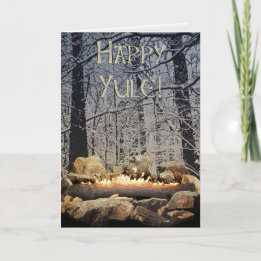 A Tranquil Burning Yule Log in a Snowy Forest Holiday Card