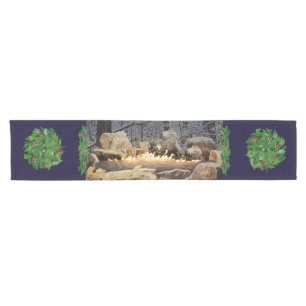 A Tranquil Burning Yule Log with Holly Wreaths Short Table Runner
