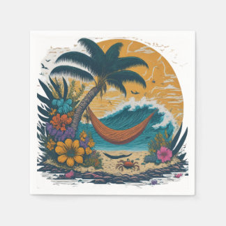 a tranquil scene of a beach with palm trees napkin