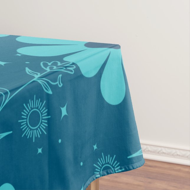 A Trendy Cyan Colour Flowers Design Tablecloth (In Situ)