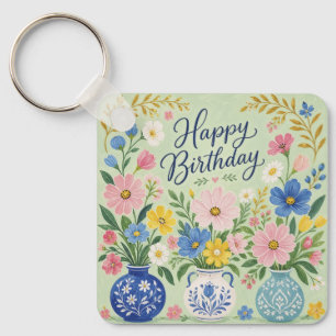A Trio of Birthday Blooms Key Ring