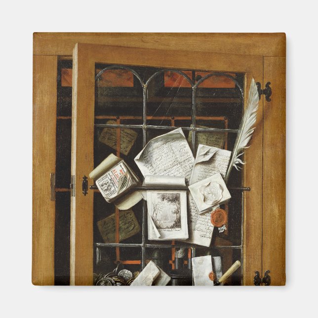 A trompe l'oeil of an open glazed cupboard magnet (Front)