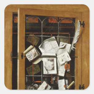 A trompe l'oeil of an open glazed cupboard square sticker