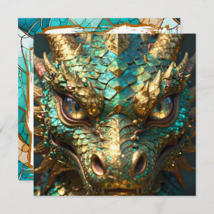 A Turquoise and Gold Dragon Mystical Card