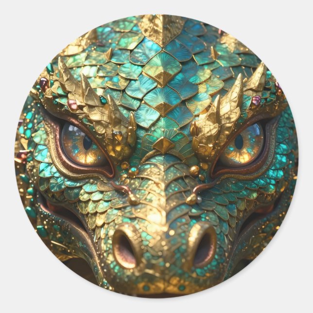 A Turquoise and Gold Dragon Mystical Classic Round Sticker (Front)