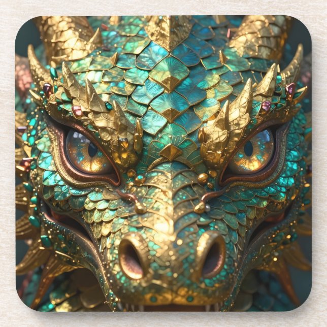 A Turquoise and Gold Dragon Mystical Coaster (Front)