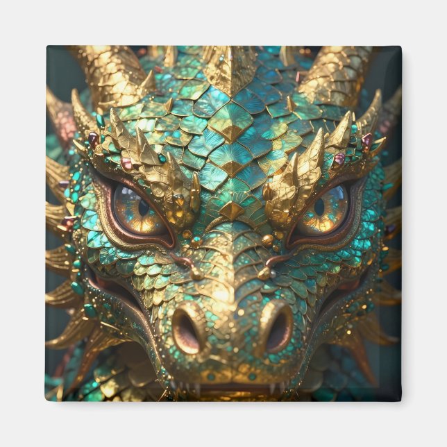 A Turquoise and Gold Dragon Mystical Magnet (Front)