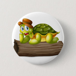 A turtle above a log 6 cm round badge