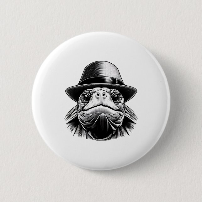 A turtle with a hat, a classic look 6 cm round badge (Front)