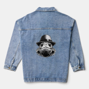 A turtle with a hat, a classic look denim jacket