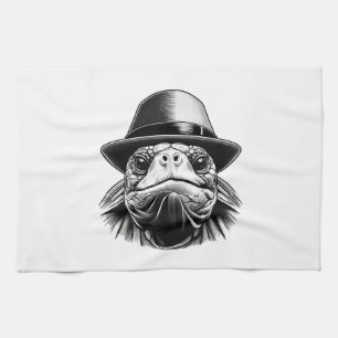 A turtle with a hat, a classic look tea towel