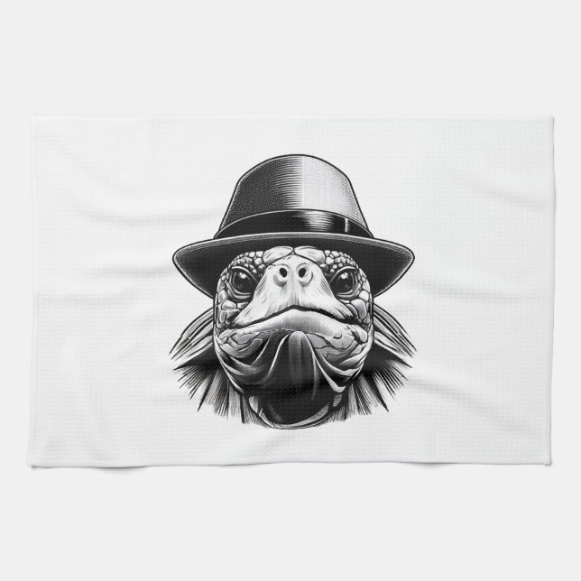 A turtle with a hat, a classic look tea towel (Horizontal)