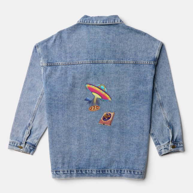 A UFO delivering pizza. Denim Jacket (Back)