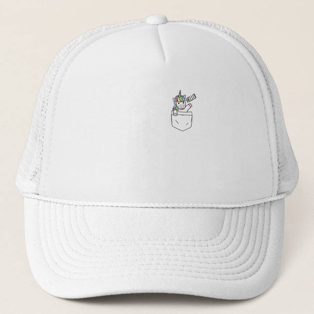 A unicorn peeks out of a pocket trucker hat (Front)