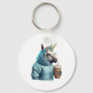 A unicorn with a hoodie drinks a coffee. 1 key ring