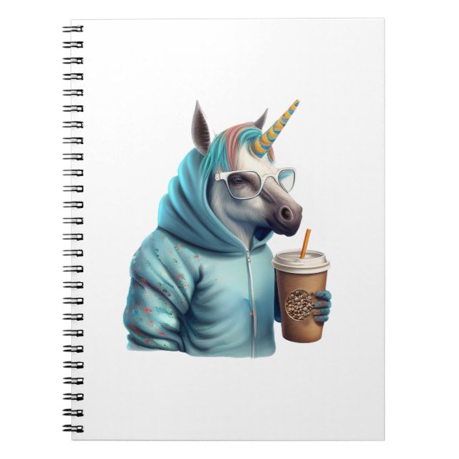 A unicorn with a hoodie drinks a coffee. 1 notebook (Front)