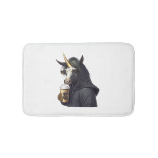 A unicorn with a hoodie drinks a coffee. bath mat