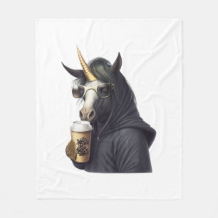 A unicorn with a hoodie drinks a coffee. fleece blanket