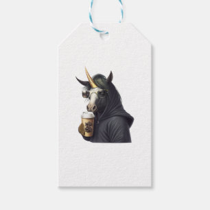 A unicorn with a hoodie drinks a coffee.  gift tags