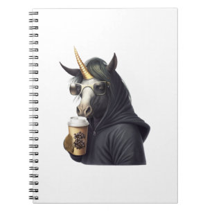 A unicorn with a hoodie drinks a coffee. notebook
