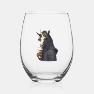 A unicorn with a hoodie drinks a coffee. stemless wine glass