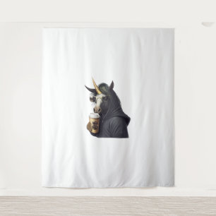 A unicorn with a hoodie drinks a coffee. tapestry