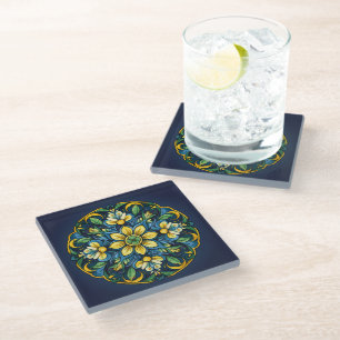 💚💙💛 A Unique Azulejo Elegance: Midnight Garden Glass Coaster