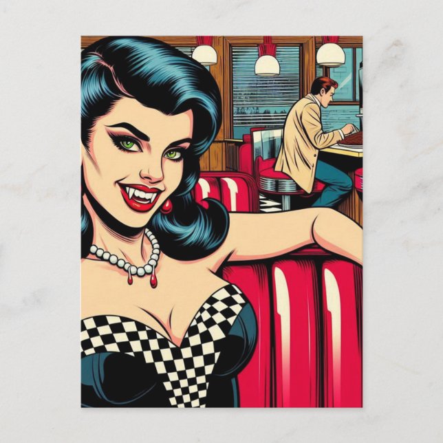 A Vampire at the retro diner Postcard (Front)