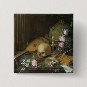 A Vanitas Still Life with a Nautilus and a Lute 15 Cm Square Badge