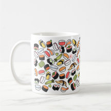 a variety of sushi mug