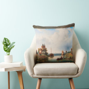 A Vast River Landscape With Windmills Cushion