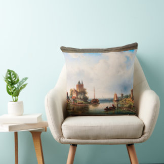 A Vast River Landscape With Windmills Cushion