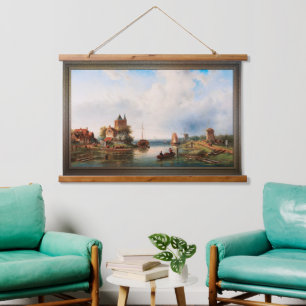 A Vast River Landscape With Windmills Hanging Tapestry