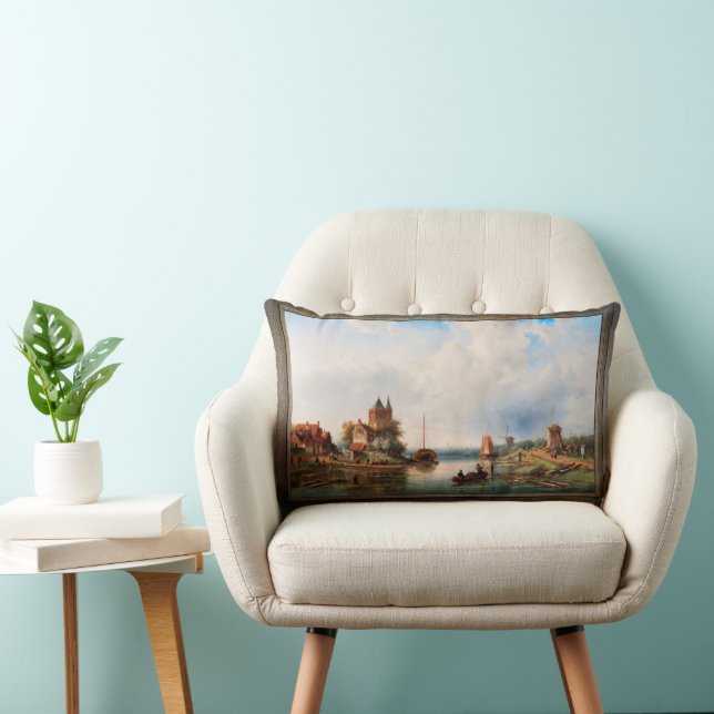A Vast River Landscape With Windmills Lumbar Cushion (Chair)