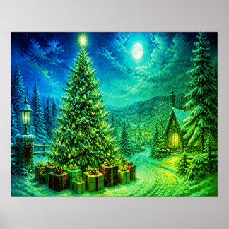 A Very Green+Blue Christmas Tree Beside the Street Poster