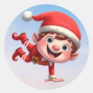 A very happy Christmas Elf doing a hand stand Classic Round Sticker