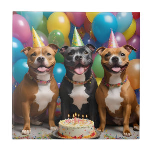A Very Happy Staffy Birthday With Cake, Ceramic Tile