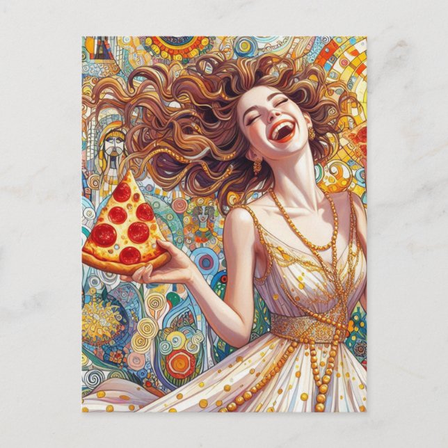 A Very Happy Woman With Pizza Postcard (Front)