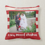 A Very Married Christmas, Photo Personalised Cushion<br><div class="desc">This red and tan striped pillow is a great gift for newlyweds. It features a modern red and tan stripe background,  customisable photo frame and customisable text for names of the bride and groom and the year. The backside is the same bold stripe pattern.</div>