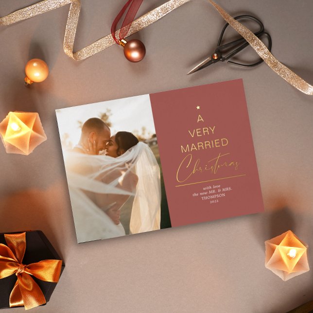 A Very Married Christmas Script Red Gold Foil Holiday Card (Creator Uploaded)