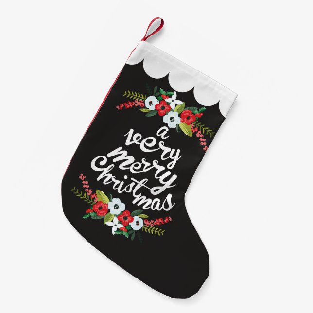 A Very Merry Christmas Floral Black Small Christmas Stocking (Front (Hanging))