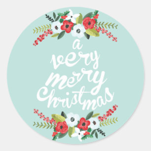 A Very Merry Christmas Floral Mint Classic Round Sticker